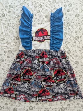 Boutique Jurassic Park Logo Girls Dress with Blue Ruffle Straps